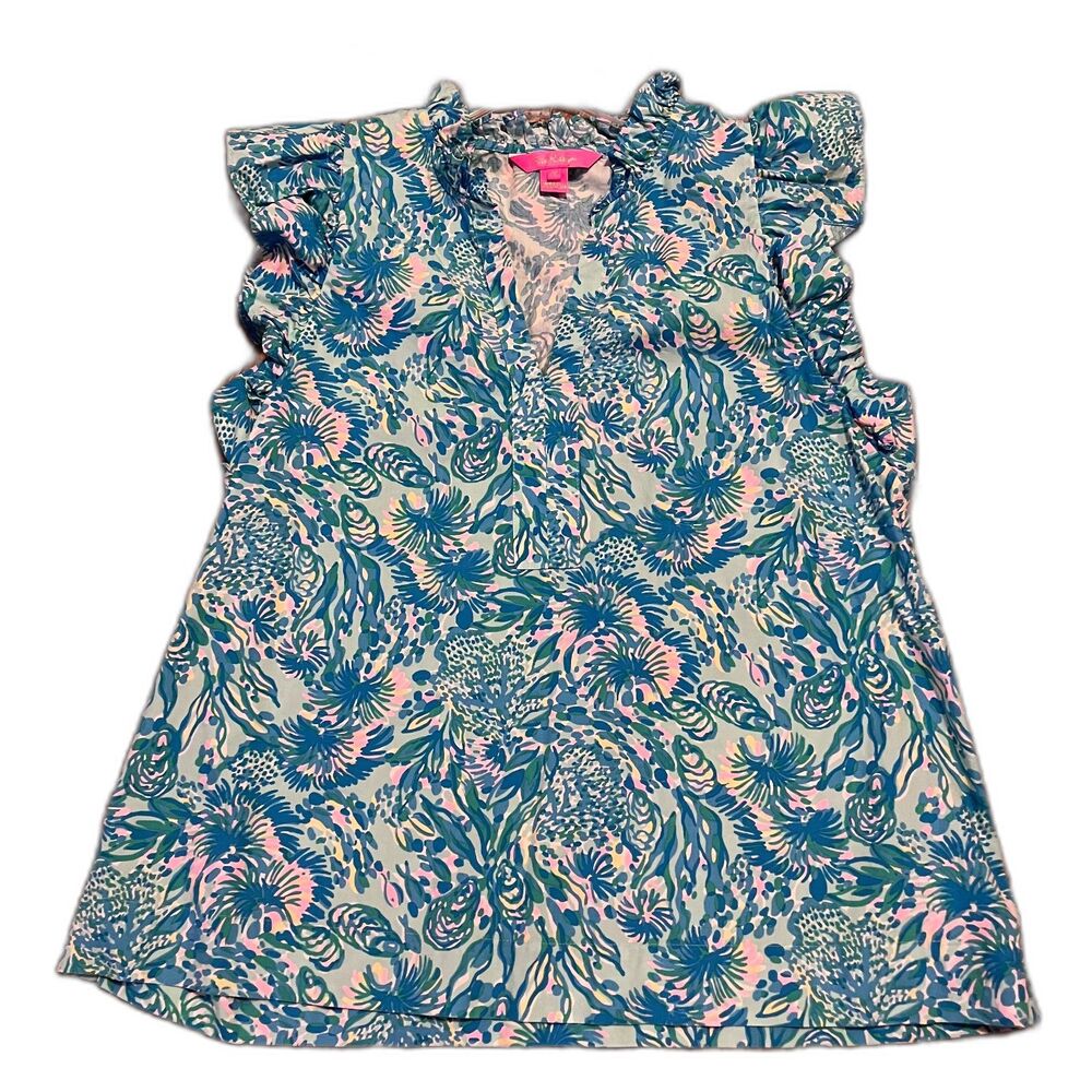 Lilly Pulitzer Klaudie Ruffle Sleeve Surf Blue Coral of the Sea Top Medium
